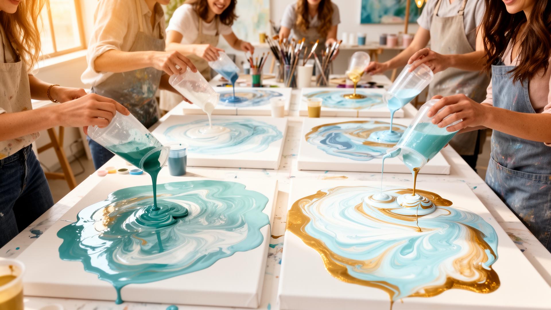 Guests pouring vibrant teal, blue and gold paint onto canvases at a party